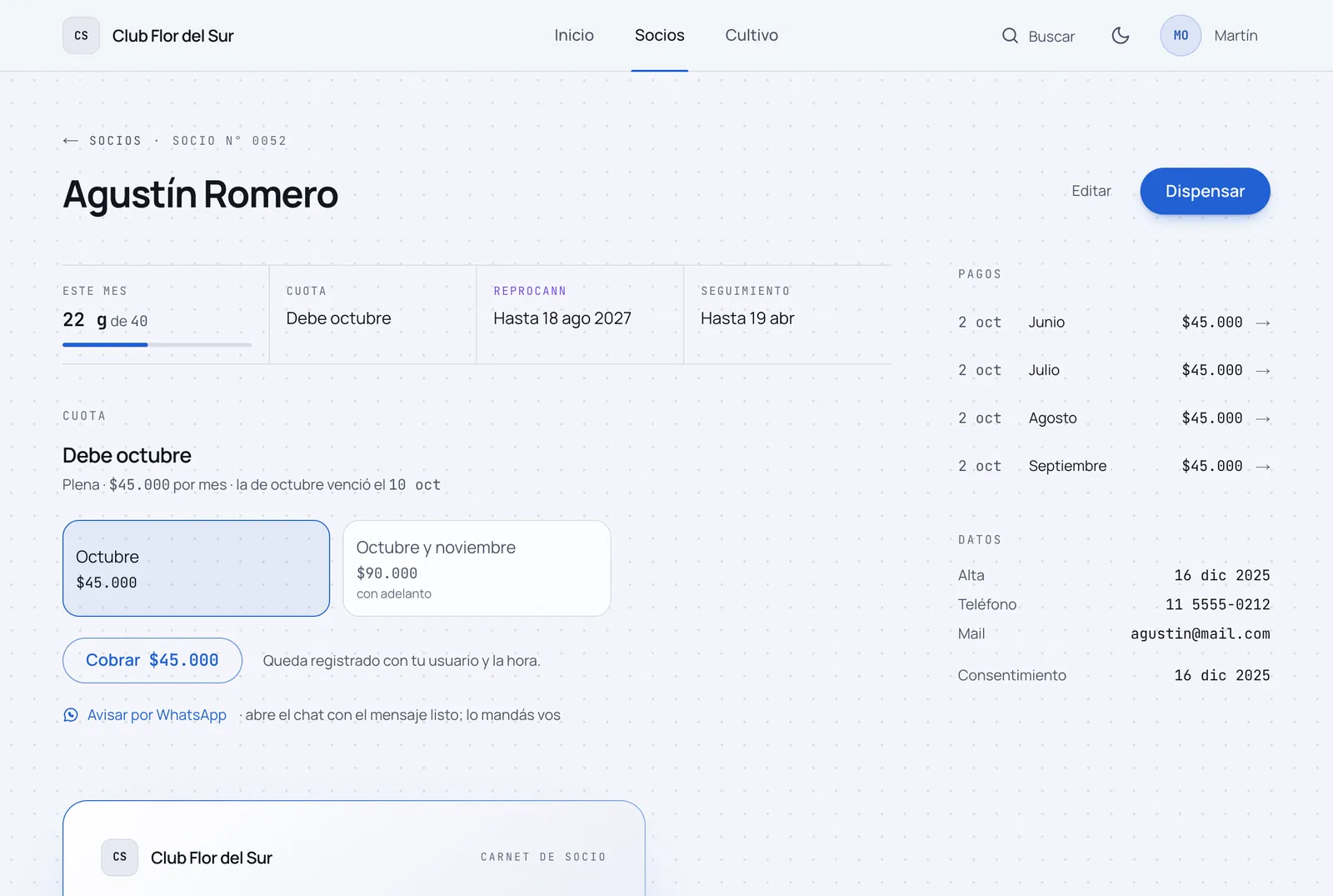 Ficha de un socio con su carnet, el código QR y lo que le queda del mes
